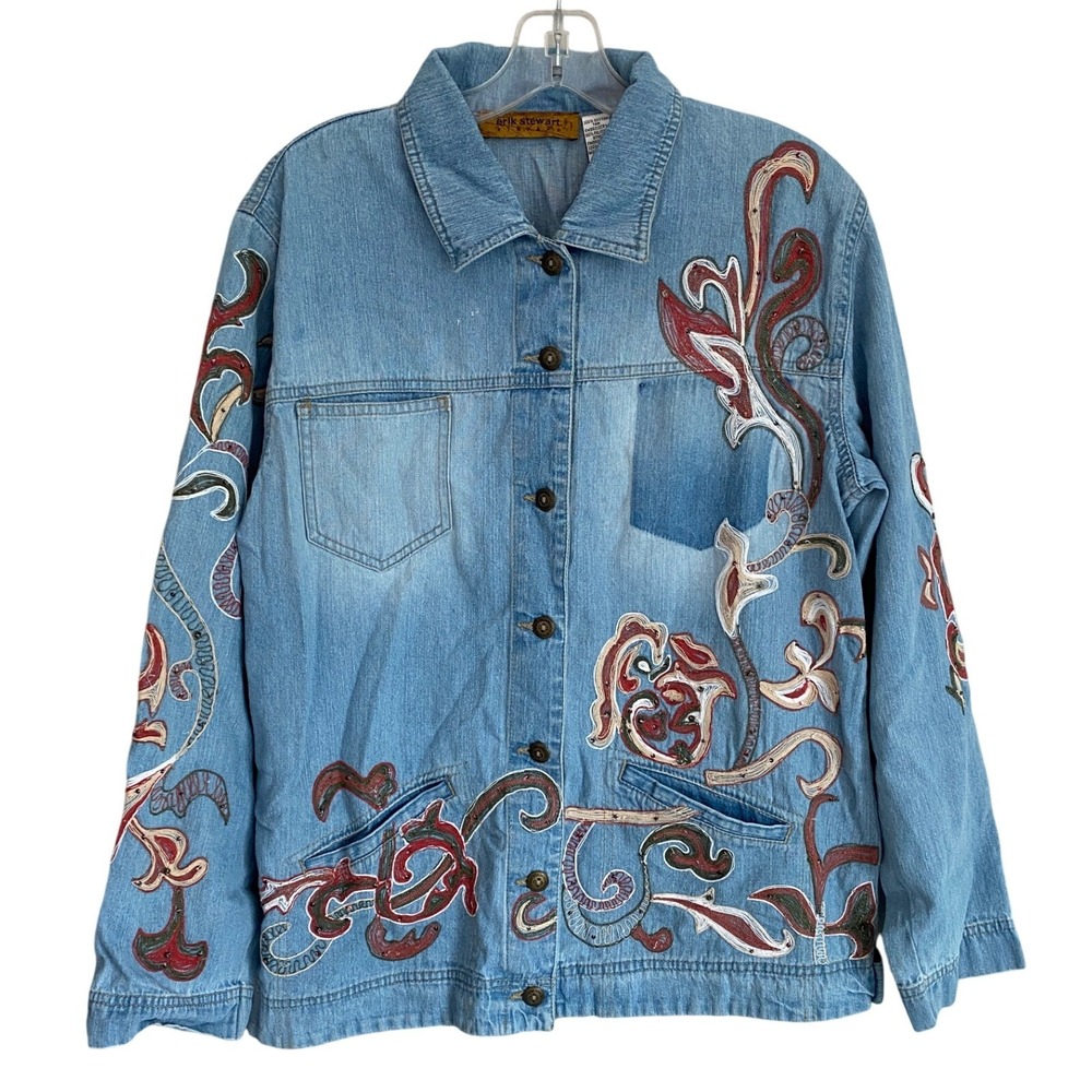 Erik Stewart Vintage Denim Jacket Embellished‎ Floral Embroidery Size 2